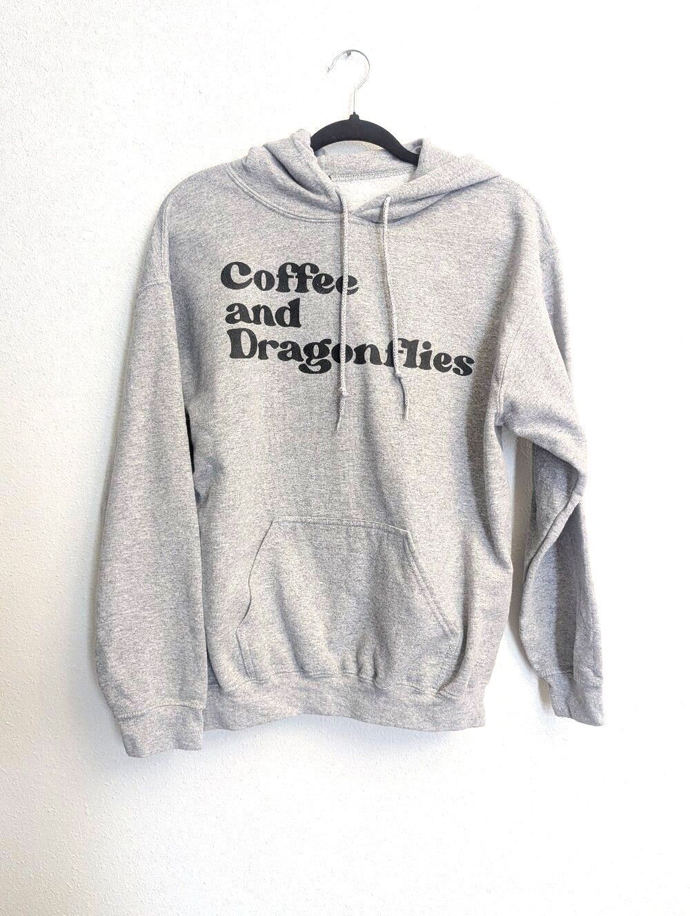 Coffee + Dragonflies Graphic Hoodie Sweatshirt Size Medium Gray Black